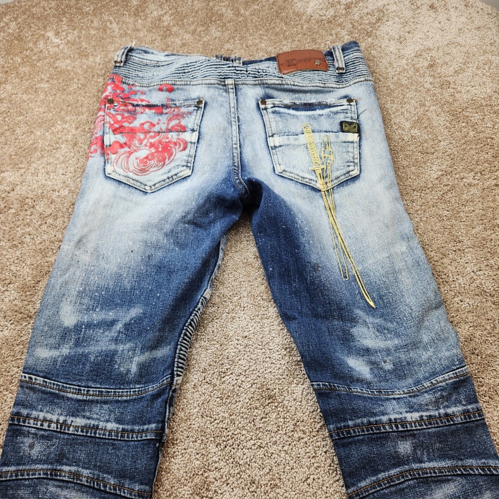Kryptic x Popeye Mens 32x32 Moto Distressed Samurai Embroidered Jeans Blue Acid - Picture 2 of 9